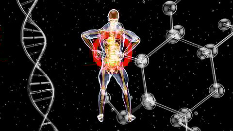 An illustration of a man in front of a DNA molecule, featuring a red circle indicating gut inflammation.