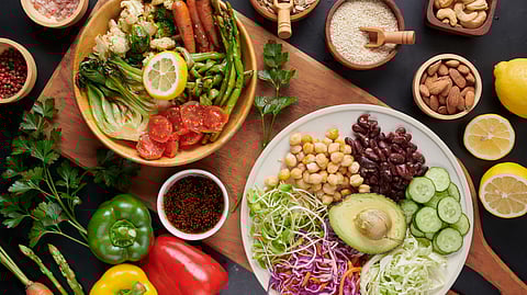 A vibrant spread of fresh, plant-based foods.