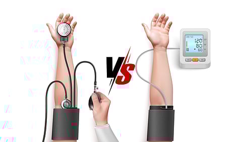 Human hands checking blood pressure with manual and electronic tonometers realistic isolated vector illustration