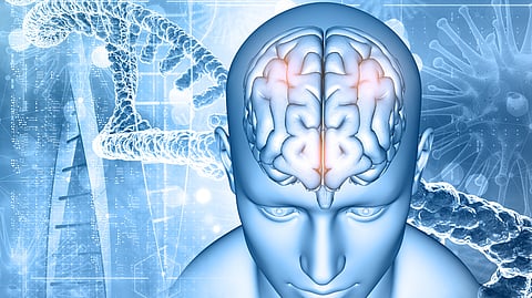 Futuristic illustration of a human head with a glowing brain, surrounded by DNA strands and virus shapes.