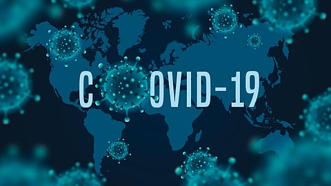 World map with the word "COVID-19" overlaid, surrounded by virus particles.