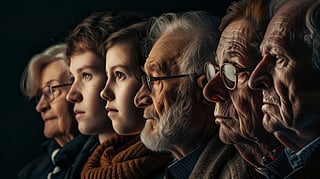 Side profile of six people, ranging in age from young to elderly, in soft lighting on a dark background.