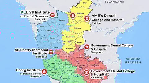 AI image shows few dental colleges in Karnataka on the map. 