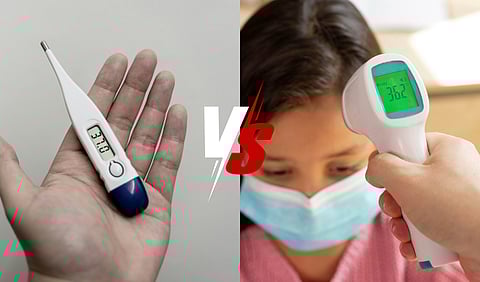 white and blue thermometer and Back to school during covid concept