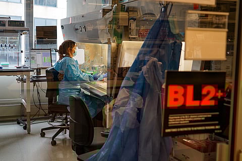 A researcher in protective gear works at a laboratory bench inside a BL2+ biosafety lab, with computer screens and lab equipment visible in the background.