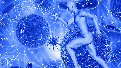 A blue digital illustration of a person running among large molecules and neurons.