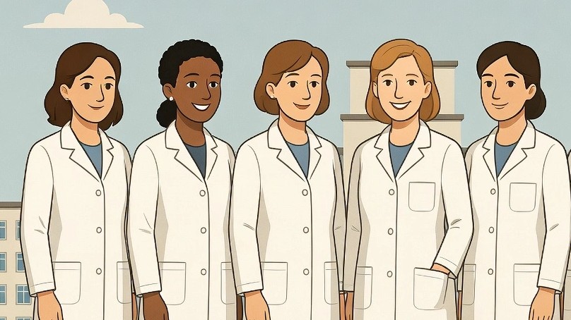 Illustration of women standing in white coats.