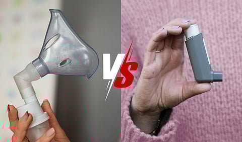 Side view woman using nebulizer at home and A woman holding a Inhaler 