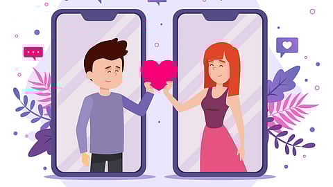 Illustration of a man and woman in phones sharing a pink heart. Surrounded by chat bubbles and leaves.