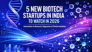 Abstract biotechnology concept with DNA strands, molecules, and data flowing together in a layered composition, minimal yet high contrast, modern magazine cover style, blue and purple tones.