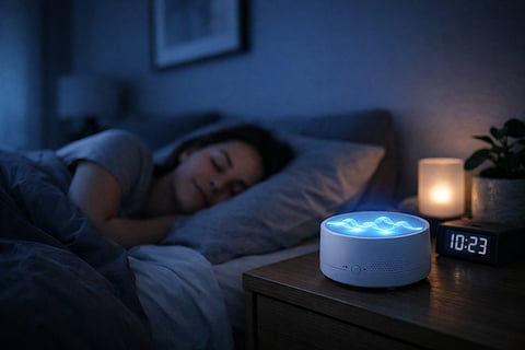 A cozy bedroom scene at night with a person sleeping peacefully, a small white noise machine on the bedside table emitting soft visual wave patterns, dark room with cool tones, minimalistic and modern lifestyle aesthetic.