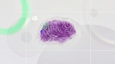 Digital rendering of a purple brain model with green and purple abstract elements.