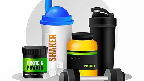 Workout supplements and equipment: A blue and white shaker bottle, a yellow protein jar.