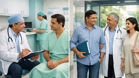 A modern Indian hospital setting showing a patient entering in the morning and leaving the same day