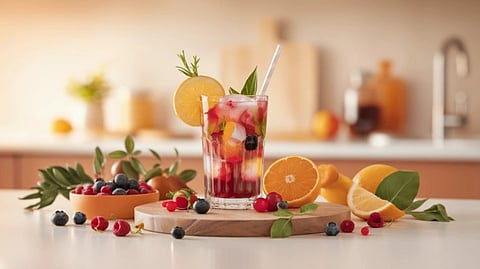 In a modern American kitchen, a vibrant glass of natural drink, symbolizing health and wellness, is prominently displayed surrounded by fresh berries, citrus slices, and leafy greens, with a softly blurred background.