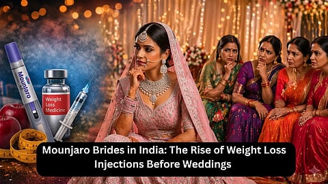 The Mounjaro bride, wearing a pink lehenga, is looking at the mounjaro and weight loss injection on the left, with 4 ladies sitting on the right and contemplating her beauty. 