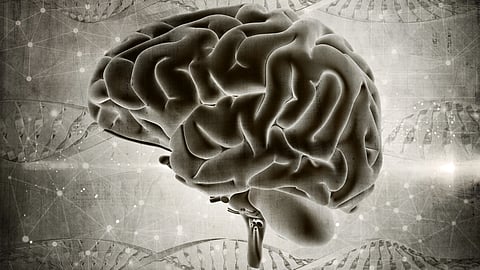 Brain illustration with a DNA helix and neural network background.