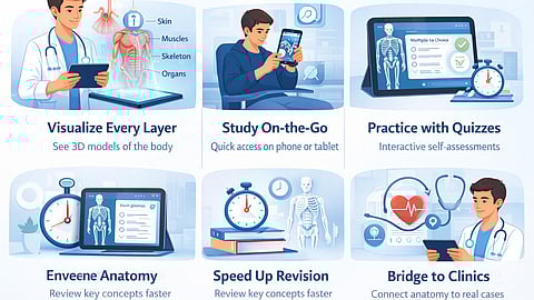 A modern infographic illustrating how anatomy apps enhance medical learning through 3D visualization, mobile accessibility, interactive quizzes, and faster revision for students.