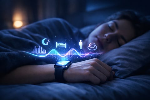 A side-profile silhouette of a person resting their head on a pillow. Inside the silhouette, instead of a brain, there is a glowing, intricate circuit board shaped like a moon, with a fitness ring or watch on a hand nearby. 