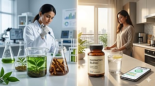 A split-screen or double-exposure aesthetic that bridges the gap between scientific formulation and daily Indian lifestyle.