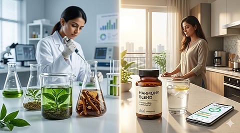 A split-screen or double-exposure aesthetic that bridges the gap between scientific formulation and daily Indian lifestyle.