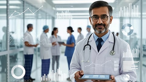 A doctor with an ipad and stethoscope around, and healthcare staff in background.