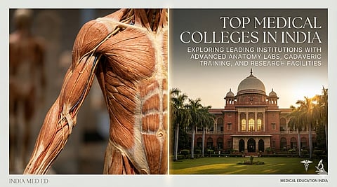 A split-screen composition. On one side, a detailed, close-up artistic view of a high-quality anatomical plastination model. On the other side, the grand historical architecture of an Indian medical college.