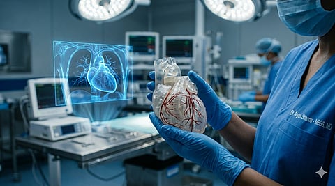 A high-end, cinematic close-up of a surgeon’s hands in a modern Indian hospital, holding a translucent, 3D-printed resin model of a human heart with intricate vascular details. 