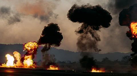 Explosions with towering black smoke clouds rise from the ground against a twilight sky.