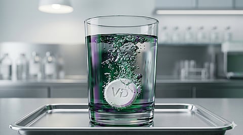  A single, stylized effervescent vitamin D tablet is mid-dissolution in a crystal-clear glass of water, creating vigorous bubbles. 
