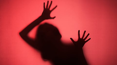 Shadow silhouette of person with raised hands against a red background.