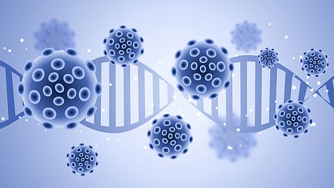 Abstract illustration of blue virus-like spheres above a DNA helix on a light blue background.