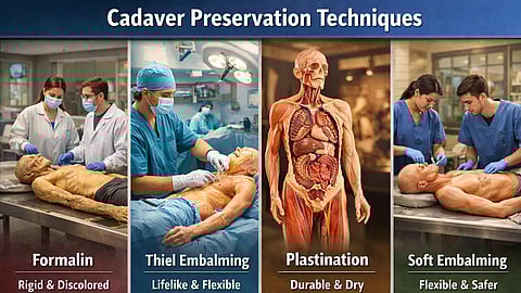 Educational illustration comparing four cadaver preservation techniques: formalin, Thiel embalming, plastination, and soft embalming, showing differences in tissue appearance, flexibility, and use in anatomy labs