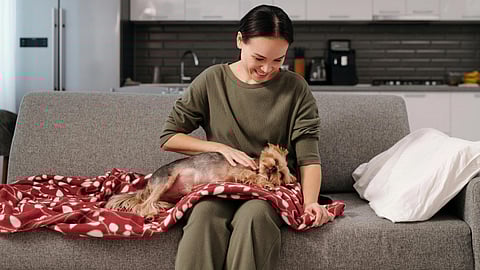 A woman sits on a gray couch in a cozy kitchen, smiling down at a small dog lying on a red blanket on her lap.