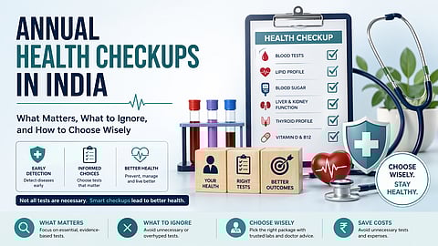 Infographic illustrating annual health checkups in India, featuring a checklist of common tests.