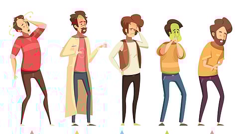 Food poisoning signs and symptoms men retro cartoon infographic poster with nausea vomiting diarrhea
