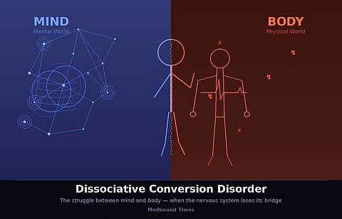 Split image illustrating "Dissociative Conversion Disorder"; left shows the "Mind" with geometric patterns, right shows "Body" with sketched figure and disrupts.