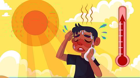 Flat summer heat illustration with man sweating under the sun.