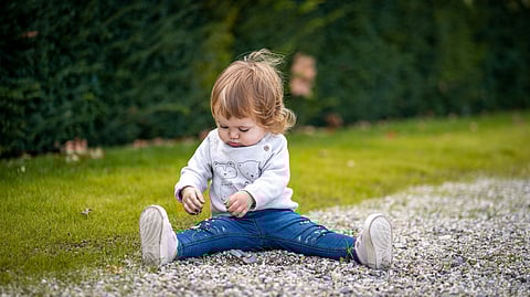 A toddler sitting on ground in a garden.