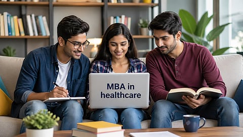 3 people sitting on couch with books and laptop.