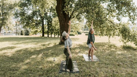 Two people practice yoga on mats under a large tree in a sunny park. 