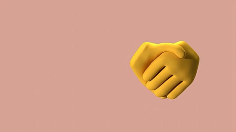 3D illustration of two yellow hands shaking against a soft pink background.