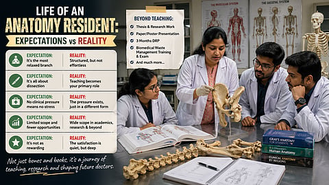 An anatomy resident teaching medical students in a dissection hall while preparing specimens and guiding practical learning