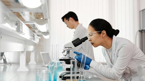 Two scientists are in a bright lab. One examines a sample under a microscope.