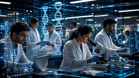 Editorial-style image of Indian researchers and biotech startup founders working in a futuristic genomics laboratory surrounded by holographic DNA models, AI dashboards, and digital data displays.