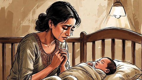 Illustration of a mother crying beside a child.