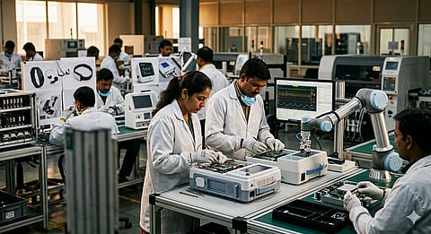 Indian engineers assembling advanced medical devices in a high-tech manufacturing facility, precision tools, robotic arms, etc.