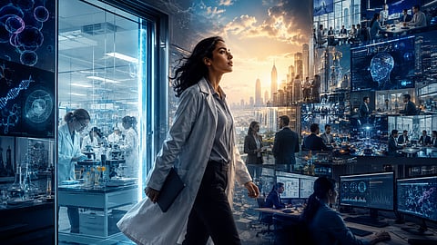 Young biotechnology professional walking out of a futuristic laboratory into a modern healthcare-business environment filled with digital dashboards, biotech meetings, AI interfaces, regulatory documents, and global corporate workspaces.