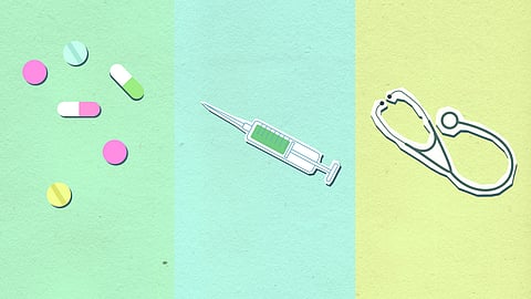 Illustration divided into three sections: pills on green, a syringe on blue, a stethoscope on yellow. 