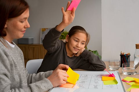 Side view woman and girl playing memory game